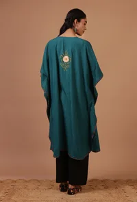 Light Navy Blue Cotton Crush Ari Embroidered Kaftan- Free Size image 4