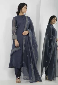 Aegean Blue Floral Butis Hand-Block Printed Kota Dupatta image 1
