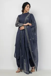 Aegean Blue Floral Butis Hand-Block Printed Kota Dupatta image 4