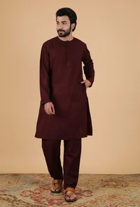 Set Of 2: Wine Cashmilon Woolen Kurta & Pajama image 1