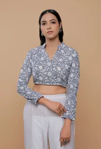 Blue Handblock Printed Cotton V Neck Line With Stand Collar Blouse image 1