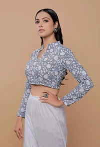 Blue Handblock Printed Cotton V Neck Line With Stand Collar Blouse image 3