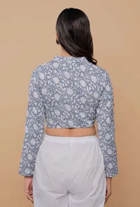 Blue Handblock Printed Cotton V Neck Line With Stand Collar Blouse image 4