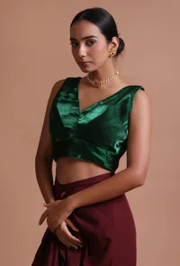 Bottle Green Color Organza Plain Blouse image 4