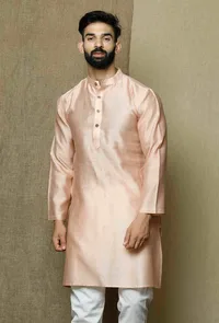 Muted Salmon Pink Pure Banarasi Silk Chanderi Kurta image 1