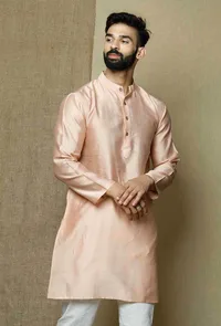 Muted Salmon Pink Pure Banarasi Silk Chanderi Kurta image 3