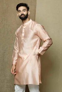 Muted Salmon Pink Pure Banarasi Silk Chanderi Kurta image 4