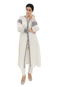 Ivory-Blue Cotton Cross Stitch Dress With Slip image 1