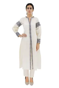 Ivory-Blue Cotton Cross Stitch Dress With Slip image 2