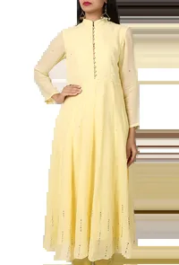 This Plain Yellow Georgette Anarkali Dress With Sitara Work image 1