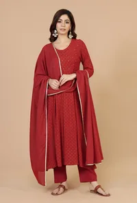 Set of 3: Maroon Rayon Hand Block Flared Kurta, Solid Cotton Pants & Dupatta with Gota Detailing image 1