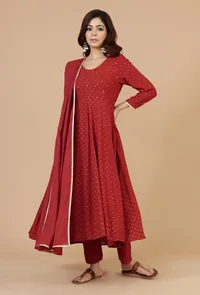 Set of 3: Maroon Rayon Hand Block Flared Kurta, Solid Cotton Pants & Dupatta with Gota Detailing image 2
