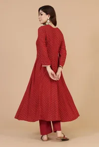 Set of 3: Maroon Rayon Hand Block Flared Kurta, Solid Cotton Pants & Dupatta with Gota Detailing image 4
