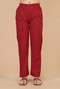 Set of 3: Maroon Rayon Hand Block Flared Kurta, Solid Cotton Pants & Dupatta with Gota Detailing image 5