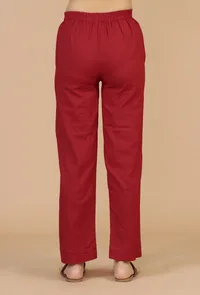 Set of 3: Maroon Rayon Hand Block Flared Kurta, Solid Cotton Pants & Dupatta with Gota Detailing image 6