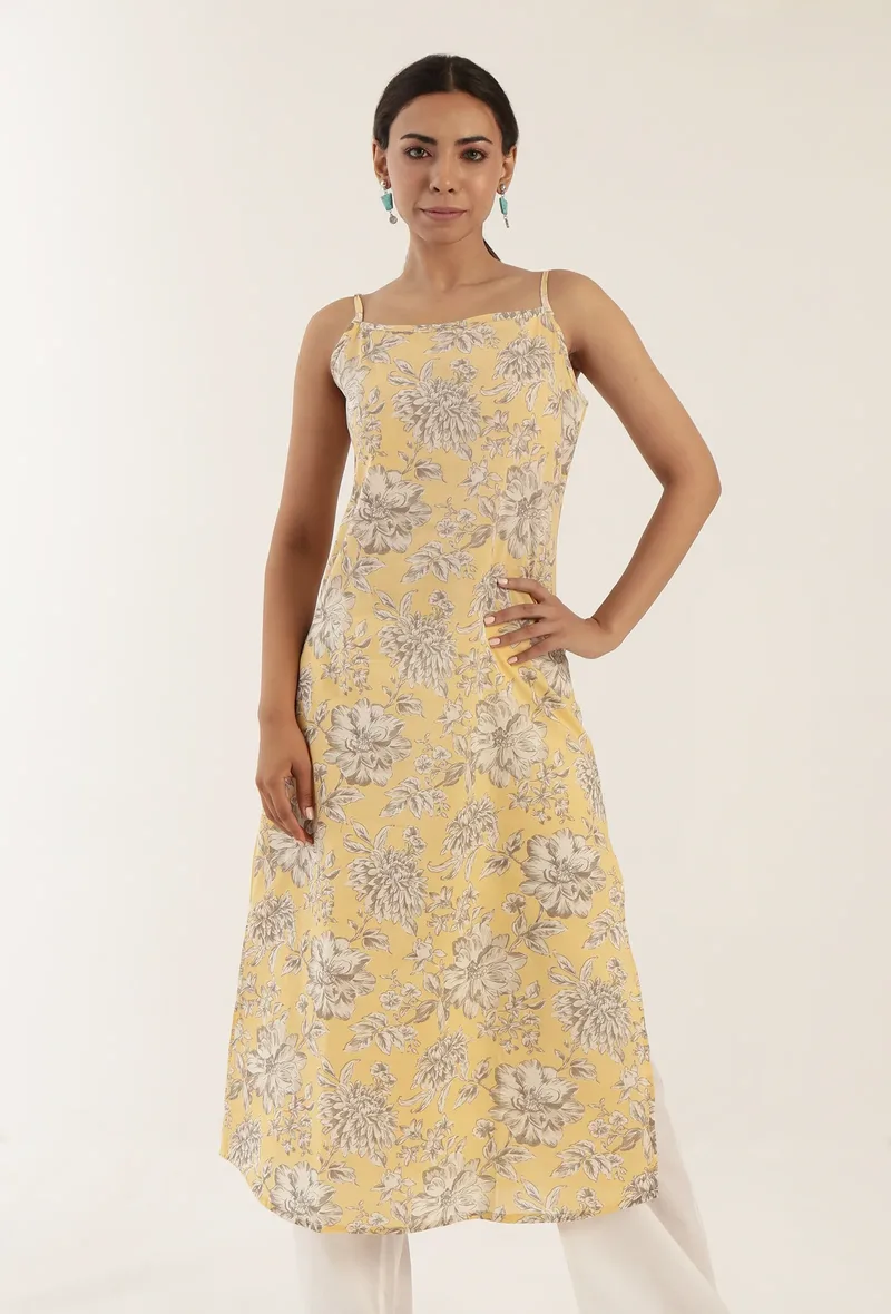 Yellow Color Cotton Slip With Multicolor Motif