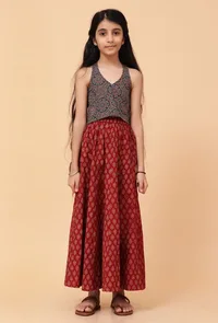 Set Of 2: Ana Indigo Ajrakh Print Cotton Top & Madder Red Skirt image 1