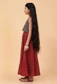 Set Of 2: Ana Indigo Ajrakh Print Cotton Top & Madder Red Skirt image 2