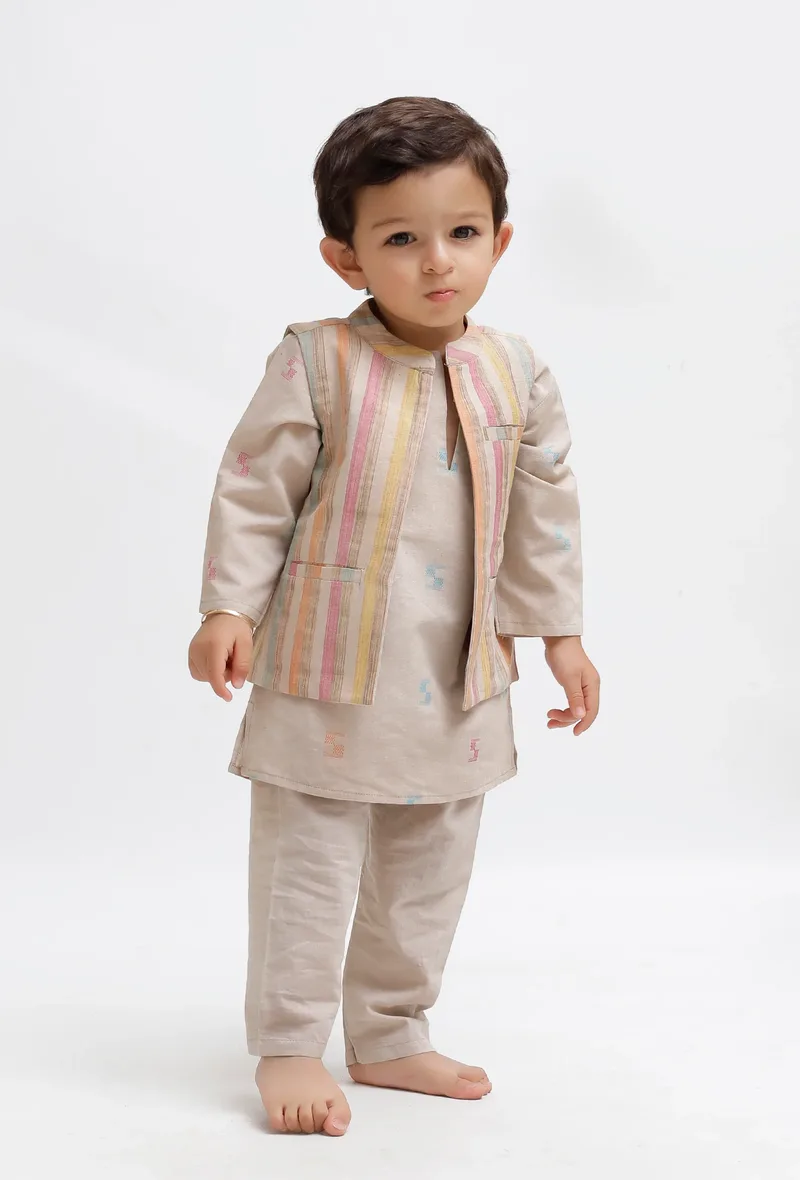 Set Of 3:  Beige Dobby Kurta and Beige Pant with Beige Striped Nehru Jacket