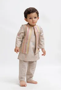 Set Of 3:  Beige Dobby Kurta and Beige Pant with Beige Striped Nehru Jacket image 1