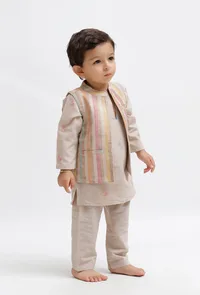 Set Of 3:  Beige Dobby Kurta and Beige Pant with Beige Striped Nehru Jacket image 2