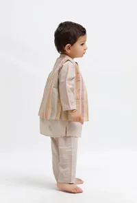 Set Of 3:  Beige Dobby Kurta and Beige Pant with Beige Striped Nehru Jacket image 3