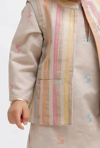 Set Of 3:  Beige Dobby Kurta and Beige Pant with Beige Striped Nehru Jacket image 5