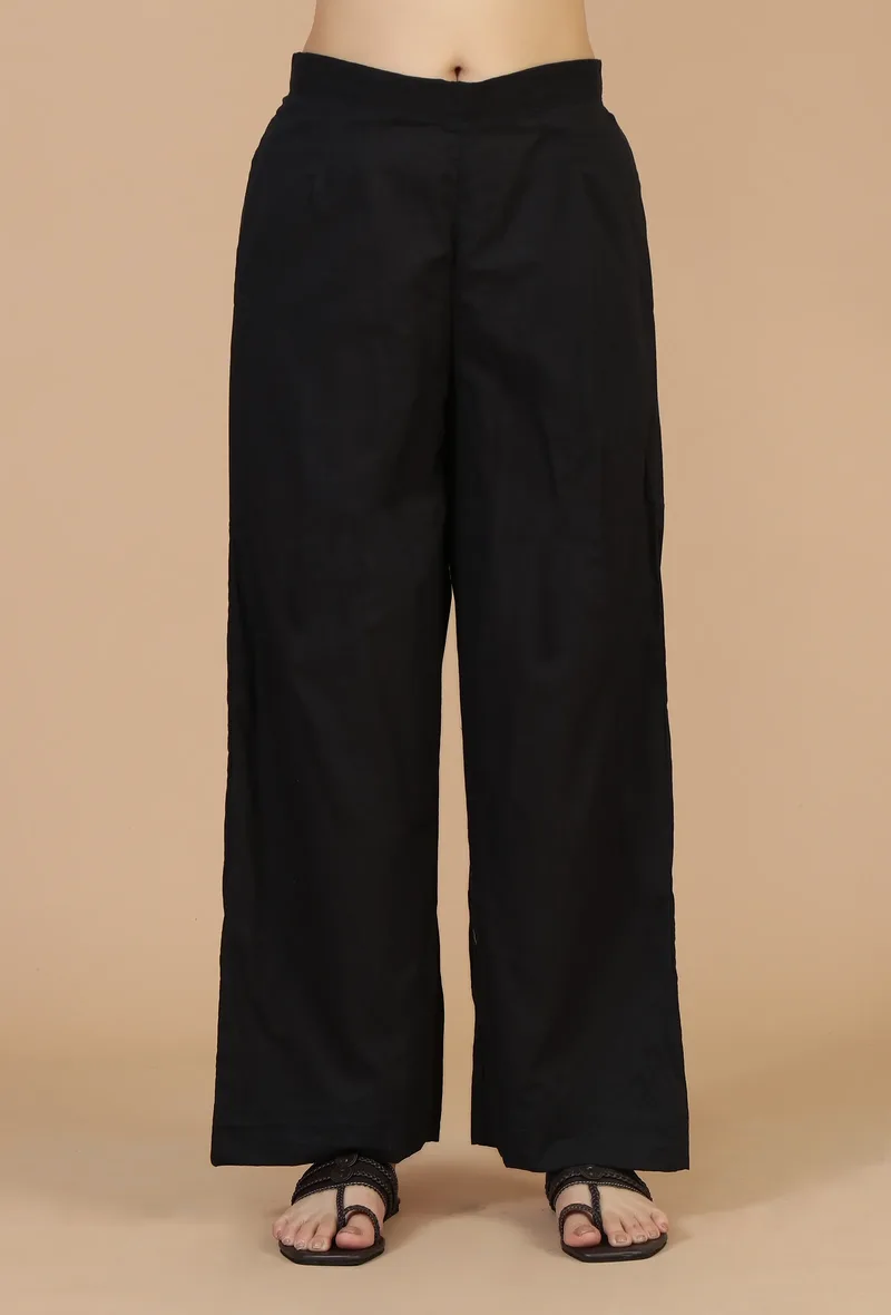Solid Black Cotton Wide-Leg Pants