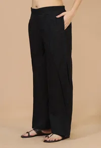 Solid Black Cotton Wide-Leg Pants image 2