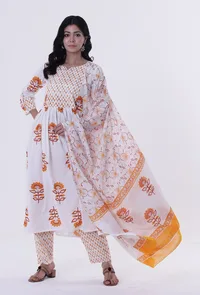 White & Multicolor Cotton Block Printed Dupatta image 1
