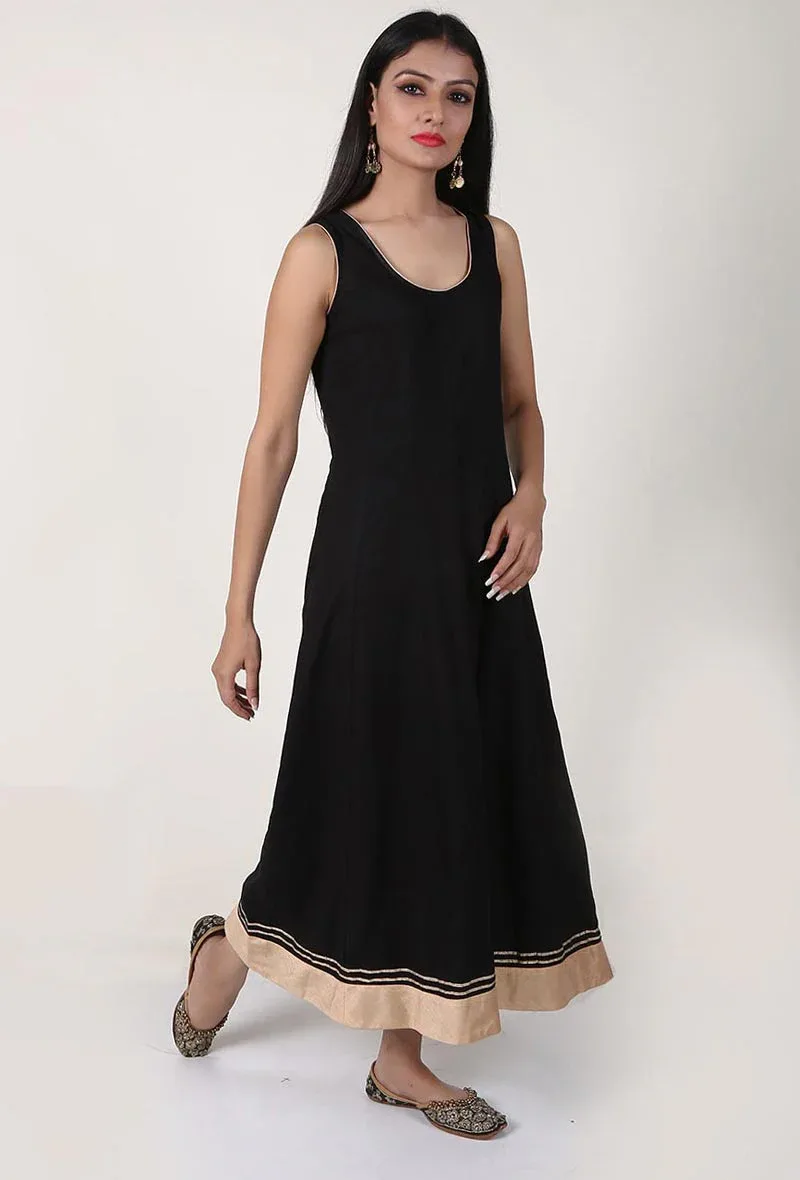 Black Rayon Midi Dress With Gota Applique