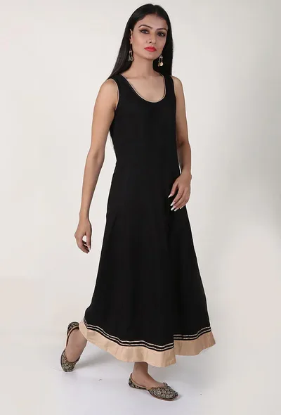 Black Rayon Midi Dress With Gota Applique