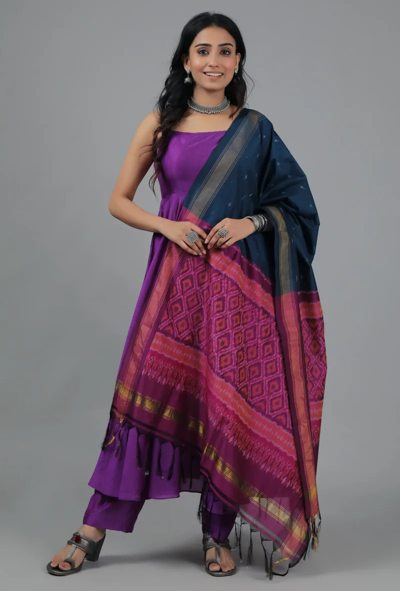 Peacock Blue & Maroon Ikat Dupatta
