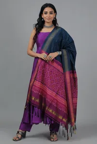 Peacock Blue & Maroon Ikat Dupatta image 2