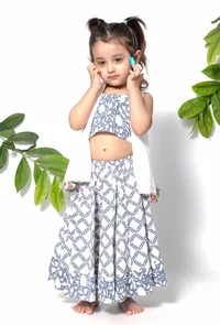 Set of 3 - Berry Blue Floral Handblock Cotton Lehenga Set image 2