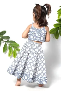 Set of 3 - Berry Blue Floral Handblock Cotton Lehenga Set image 4