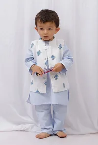 Set of 3: Blue striped Cotton Kurta and Pajama with White Nehru Jacket image 1