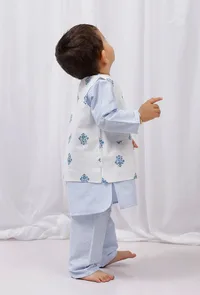 Set of 3: Blue striped Cotton Kurta and Pajama with White Nehru Jacket image 2