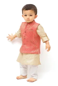 Carrot Pink Brocade Nehru Jacket image 1