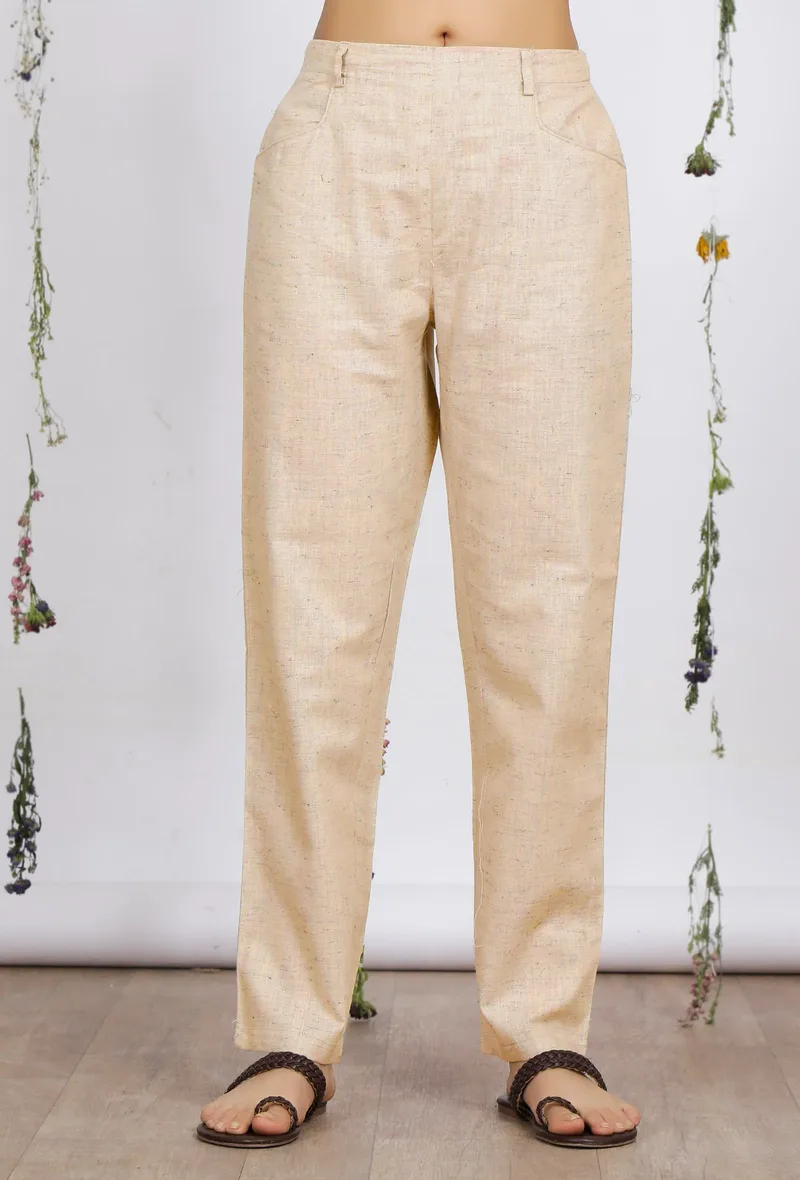 Beige Straight Cotton Khadi Pants with Pockets