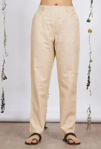 Beige Straight Cotton Khadi Pants with Pockets image 1