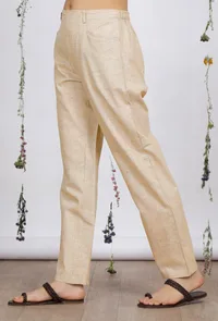 Beige Straight Cotton Khadi Pants with Pockets image 3