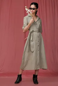 Moss Green Plain Linen Notched Linen Front Placket Dress image 1