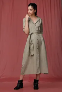 Moss Green Plain Linen Notched Linen Front Placket Dress image 2