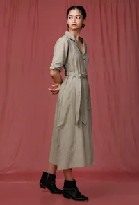 Moss Green Plain Linen Notched Linen Front Placket Dress image 3