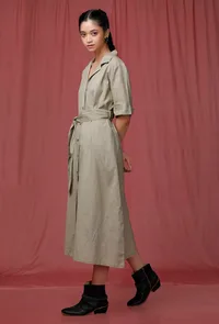 Moss Green Plain Linen Notched Linen Front Placket Dress image 4