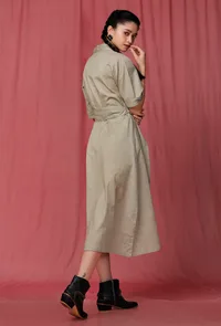 Moss Green Plain Linen Notched Linen Front Placket Dress image 5