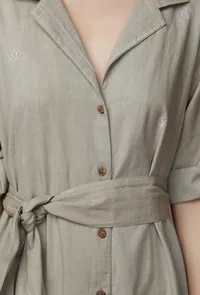 Moss Green Plain Linen Notched Linen Front Placket Dress image 6