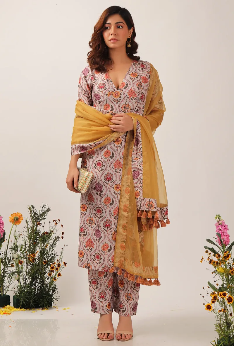Set Of 3: Airi Floral Chintz Straight Kurta With Narrow Fit Pants & Mustard Organza Tasseled Dupatta