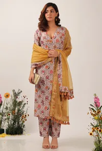 Set Of 3: Airi Floral Chintz Straight Kurta With Narrow Fit Pants & Mustard Organza Tasseled Dupatta image 1